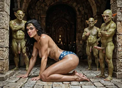 8k, score_9, score_8_up, score_7_up, FILM PHOTOGRAPHY STYLE, cinematic photography of a woman, professional portrait photo realism, ultra detailed face, perfect body, perfect pale shiny skin, narrow calves, narrow hips, long slender legs, narrow waist, detailed face, Wonder Woman, goblin, blue panties with white stars, background is a roman coliseum, many people watching, medieval style, black hair, huge cock in ass, male is evil goblin, male is looking away, rough sex, evil goblin, long hair, goblin's feet doesn't touch the ground, goblin on top of Wonder Woman, goblin's feet on Wonder Woman's asscheeks, (goblin is half size:1.3), full body view, side view, <lora:detailed_notrigger:1>, <lora:LCMTurboMix_Euler_A_fix:.8>, <lora:ratatatat74-000050:.8>, <lora:NEOTOKIOXL_0.2_RC:.8>
