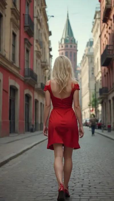 hot naughty blonde in red short summer dress walking down the street, Stalin empire style buildings in background