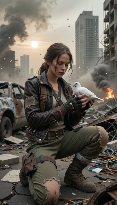 Hyper-realistic wide-angle cinematic portrait shot on heavy 35mm film grain, set within a vast, hostile post-apocalyptic urban wasteland under a crushing, toxic ashen sky. Masterpiece composition with flawless technical precision. The atmosphere is heavy with dense smog, chemical dust, and distant smoke plumes, with glowing dust motes floating through the space, illuminated by a pale, veiled sun and the flickering light of faraway fires. A young woman in her early twenties, surviving in this harsh wasteland, is kneeling upon cracked, buckled asphalt heavily eroded and littered with rusted, gutted car frames, burnt-out vehicle chassis, collapsed concrete slabs with exposed twisted rebar, scattered broken glass, and tangled copper wiring. Her entire focus is on her hands, central to the composition and locked in razor-sharp focus. She wears distressed, fingerless tactical gloves made of dark, worn leather with reinforced knuckles, revealing only her soot-caked, calloused fingertips. Her gloved hands gently cup a stark white domestic dove. Her survivor attire features a functional, scavenged Mad Max and Fallout aesthetic, a worn dark brown leather biker jacket heavily patched with coarse canvas and tarnished brass rivets, over a faded thermal knit shirt and a rugged utility harness fitted with small pouches. She wears heavily faded olive-drab canvas cargo trousers, shredded at the knees and stained with old oil and dried mud, tucked into heavy scuffed combat boots wrapped in cloth bindings. Her dirty auburn hair is loosely woven into a messy braid with stray strands framing a remarkably expressive face streaked with soot, dust, and sweat. Her expression is a quiet mixture of reverence, exhaustion, and hope. The background features towering concrete skyscrapers standing as hollowed-out skeletal husks with shattered windows and twisted metal frameworks. The scene is bathed in dramatic, ominous light filtering through heavy haze, casting harsh shadows across the woman's face, her rugged clothes, and her gloved hands with the perfectly rendered dove. Shot with a prime lens at f/2.8, creating a volumetric depth of field where the crumbling cityscape melts into soft background bokeh while keeping the woman, her gloved hands, and the fluttering dove in razor-sharp, flawless detail.