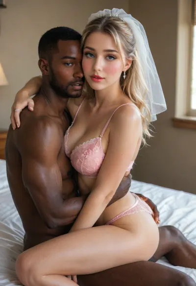 Photorealistic, (interracial couple:1.7), Sexy bride has sex with a strong Black man. 1woman, 30yo, straddling him, on his lap, facing him, her legs are wrapped around him, highly detailed perfect female hands, wedding ring, blonde braided updo hairstyle, (beautiful:1.8), highly detailed face, (highly detailed wide open eyes), looking at the viewer, defined cheek bones, small features, thin nose, (mouth open), (shocked expression:1.2), (blushing bright pink cheeks:1.6), (curvy:1.7), (oiled skin), natural medium breasts, (sexy White Agent_Provocateur wedding floral lace bra:1.5), (cleavage:1.4), (no panties), micro-waist, ultra-wide hips, bubble butt, long sexy legs, bridal veil, (embracing him as he fucks her:1.6), (face-off sex position:1.5), (deep penetration:1.4), (1man:1.7), Black, (sitting upright on the edge of the bed), facing her, (ultra-muscular:1.5), (attractive:1.8), tall, (highly detailed male face:1.8), highly detailed eyes wide open, strong features, highly detailed male hands, (chaotic tone:1.7), in a honeymoon suite, bed, windowsill, huge window, city-scape scene through the window in background, luxury modern hotel, sunset, (side view:1.5), (close-up:1.3), (source_real), ultra-realistic, RAW photo, DSLR, sharp focus, Canon EOS R5, 85mm lens perspective, f/1.8, shallow depth of field, medium shot, eye level, subject in sharp focus, background softly blurred, (bokeh), highly detailed skin texture, visible pores, subsurface scattering, consistent limb length, correct anatomical proportions, natural color grading, warm 3200K golden hour tones, cinematic composition, rule of thirds, ultra-high resolution, 4K / 8K, highly detailed, masterpiece, best quality, intricate details, score_9, score_8_up, score_7_up, <lora:dAIversityUnderstandingXLRealistic:.5>, <lora:attractive_notrigger:2>, <lora:Portrait_perfection:.8>, <lora:EnvyBetterHiresFixXL01:.8>