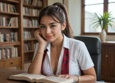 Large college library, large leather chair, very beautiful Latina, instagram model, college girl with high smile face, college uniform, white polo shirt, red plaid skirt, long bushy brown hair in a ponytail with bangs, very tanned skin, brown eyes, full lips, pink lipstick, large eyes, bracelets, necklace, reading a book