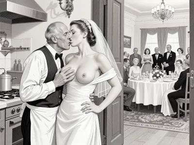 This is is a detailed monochromatic pencil drawing in a classical illustrative style depicts a scene set in USSR, in 1950s, a striking busty slutty bride in a white dress, hugs and passionately kisses an old waiter in the restaurant kitchen who roughly and imperiously paws her tits, ((marginal old waiter roughly pawing her exposed tits with his fingers)), the restaurant hall is visible through the open kitchen door, on a festive table during the wedding banquet, family and parents are watching in their best clothes, a large banquet hall, They celebrate the wedding without noticing the bride, The overall mood is intense, rendered in fine, expressive line work and subtle shading, evoking the style of 1950s satirical or moralistic illustrations.