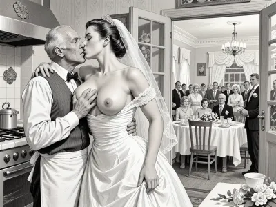 This is is a detailed monochromatic pencil drawing in a classical illustrative style depicts a scene set in USSR, in 1950s, a striking busty slutty bride in a white dress, hugs and passionately kisses an old waiter in the restaurant kitchen who roughly and imperiously paws her tits, ((marginal old waiter roughly pawing her exposed tits with his fingers)), the restaurant hall is visible through the open kitchen door, on a festive table during the wedding banquet, family and parents are watching in their best clothes, a large banquet hall, They celebrate the wedding without noticing the bride, The overall mood is intense, rendered in fine, expressive line work and subtle shading, evoking the style of 1950s satirical or moralistic illustrations.