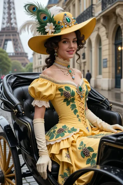 A young woman from the 1910s, at the end of the Belle Époque, sits in a single-seater black lacquered carriage on the wet cobblestones of Paris. A large yellow hat with wide brims, adorned with large peacock and white ostrich feathers, artificial green leaves and artificial flowers, and jewelry set with precious stones—sapphires, emeralds, and diamonds. Long, wavy chestnut hair in soft curls. Bare shoulders, a bright yellow satin dress with voluminous short sleeves, lace trim, green leaves embroidered on the bodice, and a laced corset. Long white opera gloves. A pearl necklace with a large emerald set in a diamond frame, emerald earrings. A gentle smile, her gaze directed at the viewer. In the background, the Eiffel Tower, Parisian buildings, another horse-drawn carriage with a coachman, and pedestrians. A cloudy day, wet streets, soft, diffused light. High level of detail, photorealism, and historical accuracy reflecting the fashion of 1910–1914.