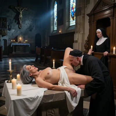 (Mature, plump woman, 70 years old:1.8), . She has the skin of a 70-year-old woman. The old woman has gray hair cut in a bob. She has the skin of a 70-year-old woman. The face changes with each new image., (Small, long, very sagging breasts:1.8), ((highly detailed skin)), Incredibly detailed, top-quality skin texture, an aged, wrinkled body with sagging skin, sagging breasts, a small, soft belly, and an old, shaved pubic area. Gray hair cut in a bob. Photorealistic, cinematic image of an extremely sacrilegious and taboo scene inside a large, empty, old church at night. In the foreground, on the main stone altar, an old woman lies on her back with her legs spread and her dress hiked up, while a priest violently kisses her on the altar. The white altar cloth is crumpled and hangs over the edge, several candles burn around them.

In the background, deeper inside the church, near the side altar or confessional, a Catholic priest in a half-open black cassock is raping a nun from behind. The nun's habit is hiked up, her veil askew, and she is clinging to the confessional or wooden altar. Dramatic lighting from candlelight and moonlight filtering through stained-glass windows, a large crucifix on the wall, deep shadows, polished stone floor reflecting the light. An extremely blasphemous and forbidden atmosphere. Highly detailed wood and stone textures, realistic fabrics, sweat, candle flames, cinematic lighting, photorealistic 8K rendering, impeccable sharpness.