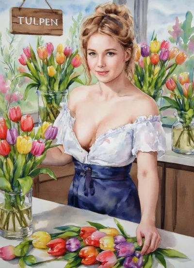 Watercolor painting, classic transparent watercolor on paper, soft glazing, wet-on-wet effect, luminous transitions, the paper’s subtle grain, a young Dutch florist, her light hair pulled back into a high, casual bun with stray strands, attractive eyes looking directly at the viewer, wearing a low-cut top, a white off-the-shoulder blouse, a dark blue high-waisted skirt with a bow in the front, she stands behind the white counter of a flower shop, arranging bouquets from fresh tulips of various colors and shades lying nearby on the table, surrounded by numerous glass vases filled with bouquets of multicolored tulips, a wooden sign reading “TULPEN” hangs on the glass, the interior features counters and large, bright windows, soft daylight, the atmosphere of a cozy Dutch spring flower shop, highly detailed, masterpiece, best quality, ultra-detailed watercolor