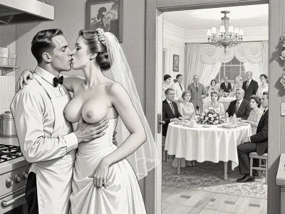 This is is a detailed monochromatic pencil drawing in a classical illustrative style depicts a scene set in USSR, in 1950s, a striking busty slutty bride in a white dress, hugs and passionately kisses an waiter in the restaurant kitchen who roughly and imperiously paws her tits, ((marginal waiter roughly pawing her exposed tits with his fingers)), the restaurant hall is visible through the open kitchen door, on a festive table during the wedding banquet, family and parents are watching in their best clothes, a large banquet hall, They celebrate the wedding without noticing the bride, The overall mood is intense, rendered in fine, expressive line work and subtle shading, evoking the style of 1950s satirical or moralistic illustrations.