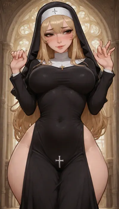 ((kittew art style:1.7)), ((thick black outline art:1.6)), (aroma style:2), (very skinny), nun, solo, cathedral, very sexy pose, blonde, long hair, (shy pose, horny shy expression:1.4), ((hq textures)), high contrast, (dramatic lighting:1)