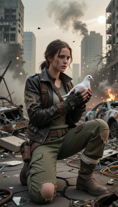 Hyper-realistic wide-angle cinematic portrait shot on heavy 35mm film grain, set within a vast, hostile post-apocalyptic urban wasteland under a crushing, toxic ashen sky. Masterpiece composition with flawless technical precision. The atmosphere is heavy with dense smog, chemical dust, and distant smoke plumes, with glowing dust motes floating through the space, illuminated by a pale, veiled sun and the flickering light of faraway fires. A young woman in her early twenties, surviving in this harsh wasteland, is kneeling upon cracked, buckled asphalt heavily eroded and littered with rusted, gutted car frames, burnt-out vehicle chassis, collapsed concrete slabs with exposed twisted rebar, scattered broken glass, and tangled copper wiring. Her entire focus is on her hands, central to the composition and locked in razor-sharp focus. She wears distressed, fingerless tactical gloves made of dark, worn leather with reinforced knuckles, revealing only her soot-caked, calloused fingertips. Her gloved hands gently cup a stark white domestic dove. Her survivor attire features a functional, scavenged Mad Max and Fallout aesthetic, a worn dark brown leather biker jacket heavily patched with coarse canvas and tarnished brass rivets, over a faded thermal knit shirt and a rugged utility harness fitted with small pouches. She wears heavily faded olive-drab canvas cargo trousers, shredded at the knees and stained with old oil and dried mud, tucked into heavy scuffed combat boots wrapped in cloth bindings. Her dirty auburn hair is loosely woven into a messy braid with stray strands framing a remarkably expressive face streaked with soot, dust, and sweat. Her expression is a quiet mixture of reverence, exhaustion, and hope. The background features towering concrete skyscrapers standing as hollowed-out skeletal husks with shattered windows and twisted metal frameworks. The scene is bathed in dramatic, ominous light filtering through heavy haze, casting harsh shadows across the woman's face, her rugged clothes, and her gloved hands with the perfectly rendered dove. Shot with a prime lens at f/2.8, creating a volumetric depth of field where the crumbling cityscape melts into soft background bokeh while keeping the woman, her gloved hands, and the fluttering dove in razor-sharp, flawless detail.