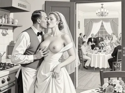 This is is a detailed monochromatic pencil drawing in a classical illustrative style depicts a scene set in USSR, in 1950s, a striking busty slutty bride in a white dress, hugs and passionately kisses an waiter in the restaurant kitchen who roughly and imperiously paws her tits, ((marginal waiter 50 yo roughly pawing her exposed tits with his fingers)), the restaurant hall is visible through the open kitchen door, on a festive table during the wedding banquet, family and parents are watching in their best clothes, a large banquet hall, They celebrate the wedding without noticing the bride, The overall mood is intense, rendered in fine, expressive line work and subtle shading, evoking the style of 1950s satirical or moralistic illustrations.