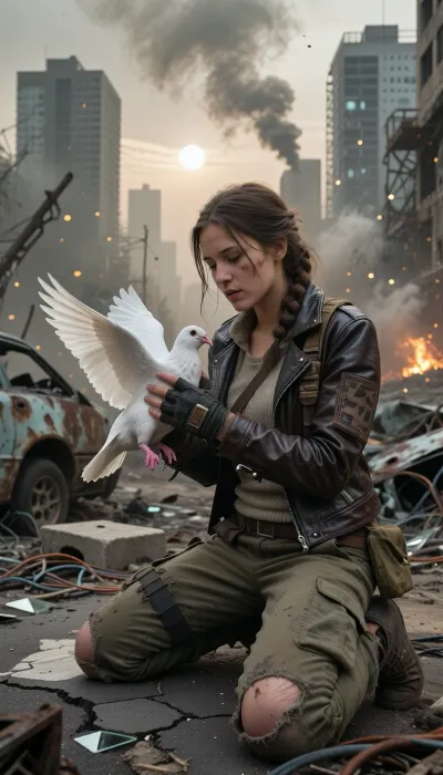 Hyper-realistic wide-angle cinematic portrait shot on heavy 35mm film grain, set within a vast, hostile post-apocalyptic urban wasteland under a crushing, toxic ashen sky. Masterpiece composition with flawless technical precision. The atmosphere is heavy with dense smog, chemical dust, and distant smoke plumes, with glowing dust motes floating through the space, illuminated by a pale, veiled sun and the flickering light of faraway fires. A young woman in her early twenties, surviving in this harsh wasteland, is kneeling upon cracked, buckled asphalt heavily eroded and littered with rusted, gutted car frames, burnt-out vehicle chassis, collapsed concrete slabs with exposed twisted rebar, scattered broken glass, and tangled copper wiring. Her entire focus is on her hands, central to the composition and locked in razor-sharp focus. She wears distressed, fingerless tactical gloves made of dark, worn leather with reinforced knuckles, revealing only her soot-caked, calloused fingertips. Her gloved hands gently cup a stark white domestic dove. The dove's anatomy is flawless, its immaculate white feathers are crisp, and its wings are ready to launch. Each pink claw is well-defined and makes solid, anatomically correct contact with the glove material without merging. Her survivor attire features a functional, scavenged Mad Max and Fallout aesthetic, a worn dark brown leather biker jacket heavily patched with coarse canvas and tarnished brass rivets, over a faded thermal knit shirt and a rugged utility harness fitted with small pouches. She wears heavily faded olive-drab canvas cargo trousers, shredded at the knees and stained with old oil and dried mud, tucked into heavy scuffed combat boots wrapped in cloth bindings. Her dirty auburn hair is loosely woven into a messy braid with stray strands framing a remarkably expressive face streaked with soot, dust, and sweat. Her expression is a quiet mixture of reverence, exhaustion, and hope. The background features towering concrete skyscrapers standing as hollowed-out skeletal husks with shattered windows and twisted metal frameworks. The scene is bathed in dramatic, ominous light filtering through heavy haze, casting harsh shadows across the woman's face, her rugged clothes, and her gloved hands with the perfectly rendered dove. Shot with a prime lens at f/2.8, creating a volumetric depth of field where the crumbling cityscape melts into soft background bokeh while keeping the woman, her gloved hands, and the fluttering dove in razor-sharp, flawless detail.
