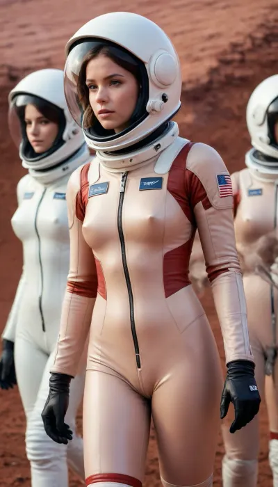 Hentai anime illustration by Bobby Abley, closeup portrait, award winning photography, 20 years old beautiful woman, supermodel body, thigh gap, very soft dark dim moody lighting, cinematic photo, Waist-up, muted photo portrait titled "a group of female astronaut in mars", walking, observing, shiny helmet ivory cold color palette, full body suits, textured thick fabric, zipper, gloves, muted colors, detailed, 8k, puffy cameltoe, high quality detailed mars surface, red sky, perfect lighting, outdoor, enhanced background. shot with leica summicron 35mm f2.0 lens on kodak portra 400 film, masterpiece, sexy, aesthetic, trending on pintrest, 35mm photograph, film, bokeh, professional, highly detailed, Radiant, in the style of Max Dupain, <lora:add-detail-xl:.9>, <lora:bralessSDXL_v1_00022:.1>