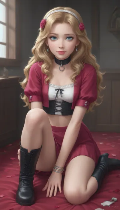 Imagine an anime girl named Maria Rose — in her image romance and light audacity are mixed.
She has long wavy hair the color of a dusty rose., they seem to shimmer from warm peach to cool lilac, and the strands fall freely over her shoulders and back, only in some places caught by thin ribbons to match. On one side of the hairstyle is decorated with a hairpin — a tiny silver rose with a pearl core.
Maria Rose's face is soft but expressive, rounded cheeks, a neat nose and high cheekbones that give her features a slight aristocratic air. Her eyes are large, almond—shaped, the color of dark amber, a mischievous twinkle flashes in them, then a quiet thoughtfulness appears. Long eyelashes make her look even deeper, and when she frowns, a tiny crease appears between her eyebrows, as if she is seriously considering some important secret.
Her lips are full, slightly curved in a half‑smile, it seems that she is about to laugh or say something unexpectedly wise for her age. There is a small star—shaped mole on his left cheek.
She is dressed in an outfit that feels both dreamy and adventurous, a full skirt made of translucent tulle over thick fabric, colors ranging from plum to lavender, like a sunset sky. On top is a cropped jacket with embroidery in the form of curly stems and buds. There is a neat velvet ribbon bow on the collar. On his feet are black boots with thick soles, slightly rough, but they add to the image of that bold touch.
Her accessories are thoughtful and symbolic, on her wrist is a thin bracelet with rosette pendants, on her neck is a pendant in the shape of a drop, inside which a petal seems to have frozen. In her hands she holds a battered notebook with an embossed pattern, there she writes down other people's stories, her dreams and random phrases that she wants to remember forever.