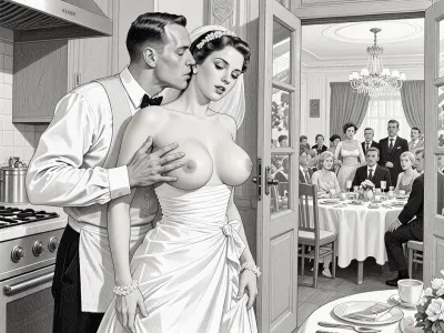 This is is a detailed monochromatic pencil drawing in a classical illustrative style depicts a scene set in USSR, in 1950s, a striking busty slutty bride in a white dress, hugs and passionately kisses an waiter in the restaurant kitchen who roughly and imperiously paws her tits, ((marginal waiter roughly pawing her exposed tits with his fingers)), the restaurant hall is visible through the open kitchen door, on a festive table during the wedding banquet, family and parents are watching in their best clothes, a large banquet hall, They celebrate the wedding without noticing the bride, The overall mood is intense, rendered in fine, expressive line work and subtle shading, evoking the style of 1950s satirical or moralistic illustrations.