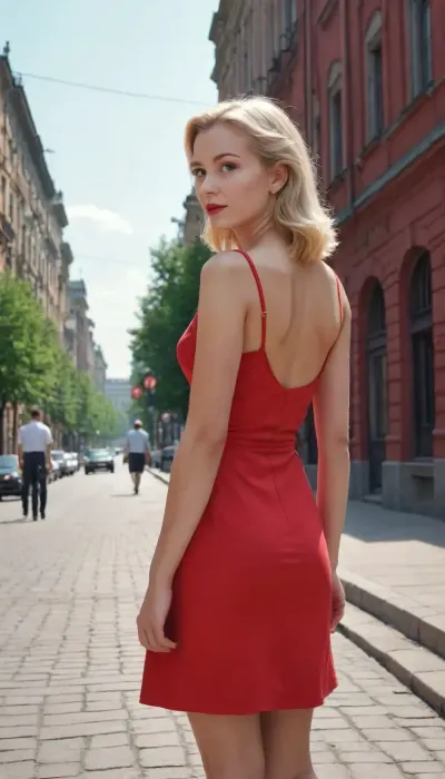 (detailed drawing with clean lines and meticulous shading, flat colors, line art, no gradients), hot naughty blonde in red short summer dress walking down the street, Stalin empire style buildings in background, the soviet era, USSR epoch