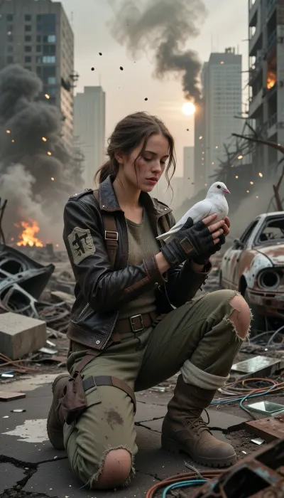 Hyper-realistic wide-angle cinematic portrait shot on heavy 35mm film grain, set within a vast, hostile post-apocalyptic urban wasteland under a crushing, toxic ashen sky. Masterpiece composition with flawless technical precision. The atmosphere is heavy with dense smog, chemical dust, and distant smoke plumes, with glowing dust motes floating through the space, illuminated by a pale, veiled sun and the flickering light of faraway fires. A young woman in her early twenties, surviving in this harsh wasteland, is kneeling upon cracked, buckled asphalt heavily eroded and littered with rusted, gutted car frames, burnt-out vehicle chassis, collapsed concrete slabs with exposed twisted rebar, scattered broken glass, and tangled copper wiring. Her entire focus is on her hands, central to the composition and locked in razor-sharp focus. She wears distressed, fingerless tactical gloves made of dark, worn leather with reinforced knuckles, revealing only her soot-caked, calloused fingertips. Her gloved hands gently cup a stark white domestic dove. Her survivor attire features a functional, scavenged Mad Max and Fallout aesthetic, a worn dark brown leather biker jacket heavily patched with coarse canvas and tarnished brass rivets, over a faded thermal knit shirt and a rugged utility harness fitted with small pouches. She wears heavily faded olive-drab canvas cargo trousers, shredded at the knees and stained with old oil and dried mud, tucked into heavy scuffed combat boots wrapped in cloth bindings. Her dirty auburn hair is loosely woven into a messy braid with stray strands framing a remarkably expressive face streaked with soot, dust, and sweat. Her expression is a quiet mixture of reverence, exhaustion, and hope. The background features towering concrete skyscrapers standing as hollowed-out skeletal husks with shattered windows and twisted metal frameworks. The scene is bathed in dramatic, ominous light filtering through heavy haze, casting harsh shadows across the woman's face, her rugged clothes, and her gloved hands with the perfectly rendered dove. Shot with a prime lens at f/2.8, creating a volumetric depth of field where the crumbling cityscape melts into soft background bokeh while keeping the woman, her gloved hands, and the fluttering dove in razor-sharp, flawless detail.