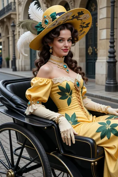 A young woman from the 1910s, at the end of the Belle Époque, sits in a single-seater black lacquered carriage on the wet cobblestones of Paris. A large yellow hat with wide brims, adorned with large peacock and white ostrich feathers, artificial green leaves and artificial flowers, and jewelry set with precious stones—sapphires, emeralds, and diamonds. Long, wavy chestnut hair in soft curls. Bare shoulders, a bright yellow satin dress with voluminous short sleeves, lace trim, green leaves embroidered on the bodice, and a laced corset. Long white opera gloves. A pearl necklace with a large emerald set in a diamond frame, emerald earrings. A gentle smile, her gaze directed at the viewer. In the background, the Eiffel Tower, Parisian buildings, another horse-drawn carriage with a coachman, and pedestrians. A cloudy day, wet streets, soft, diffused light. High level of detail, photorealism, and historical accuracy reflecting the fashion of 1910–1914.