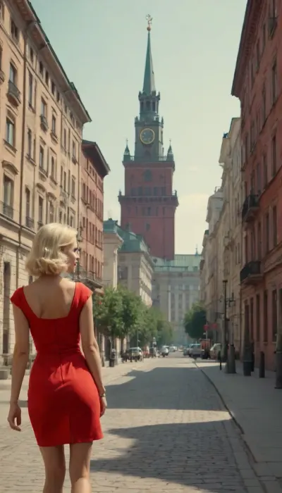 soviet posters style drawing, hot naughty blonde right from 1960s in red short summer dress walking down the street, Stalin empire style buildings in background, the soviet era, USSR epoch, 1960s entourage