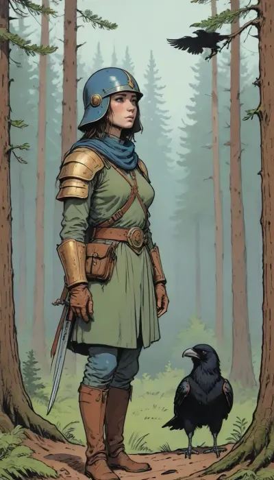 (detailed drawing with clean lines and meticulous shading, flat colors, line art, no gradients), slavic beauty in ancient Russian style combat gear, ancient Russian armor, ancient Russian helmet, after a battle, stands over a defeated enemy leaning on a long sword, a raven sits on her shoulder, dense spruce forest in background, <lora:Moebius (Jean Giraud) Style:1.5>, <lora:outline_xl_kohaku_delta_spv5x:2>, <lora:lineartSDXL:.5>, <lora:sketch_it:2>