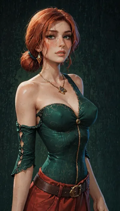(reiq meets innv and Jack cayless art style), (Incase style:1.2), ((Triss)), beautiful girl, ginger hair, bangs over eye, symmetrical green eyes, freckles, snub nose, plumb lips, parted lips, teeth visible, half-closed eyes, perfect natural breasts, erect puffy nipples, 1girl, solo, (motion lines), on waist, beautiful curves of the body, bare shoulder, gold jewelry, necklaces, earrings, realistic detailed, deep insertion, rim light, dressed, (dark green background, simple background:1.8), skin texture, futuristic-fantasy-anime, incase, style, <lora:sd_xl_turbo_lora_v1-64dim:2>, <lora:futureistic_fantasy_anime_sdxl_v1:2>, <lora:Incase_Style__SDXL:2>, triss_merigold, red, hair, weapon, knife, belt, necklace, jewelry, <lora:trissASP:.8>