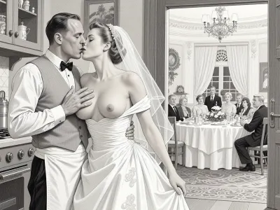 This is is a detailed monochromatic pencil drawing in a classical illustrative style depicts a scene set in USSR, in 1950s, a striking busty slutty bride in a white dress, hugs and passionately kisses an waiter in the restaurant kitchen who roughly and imperiously paws her tits, ((marginal waiter 50 yo roughly pawing her exposed tits with his fingers)), the restaurant hall is visible through the open kitchen door, on a festive table during the wedding banquet, family and parents are watching in their best clothes, a large banquet hall, They celebrate the wedding without noticing the bride, The overall mood is intense, rendered in fine, expressive line work and subtle shading, evoking the style of 1950s satirical or moralistic illustrations.