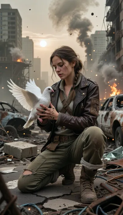 Award-winning contest photograph, hyper-realistic wide-angle cinematic portrait shot on heavy 35mm film grain, set within a vast, hostile post-apocalyptic urban wasteland under a crushing, toxic ashen sky. Masterpiece composition with flawless technical precision. The atmosphere is heavy with dense smog, chemical dust, and distant smoke plumes, with glowing dust motes floating through the space, illuminated by a pale, veiled sun and the flickering light of faraway fires. A young woman in her early twenties, surviving in this harsh wasteland, is kneeling on both knees upon cracked, buckled asphalt heavily eroded and littered with rusted, gutted car frames, burnt-out vehicle chassis, collapsed concrete slabs with exposed twisted rebar, scattered broken glass, and tangled copper wiring. Her entire focus is on her hands, central to the composition and locked in razor-sharp focus. Her calloused, soot-caked, grime-embedded hands gently cup a stark white domestic dove. The dove's immaculate white feathers tense, its wings half-spread and alert, ready to launch, held securely yet gently by this intricate weave. Her survivor attire features a functional, scavenged Mad Max and Fallout aesthetic, a worn dark brown leather biker jacket heavily patched with coarse canvas and tarnished brass rivets, over a faded thermal knit shirt and a rugged utility harness with small pouches. She wears heavily faded olive-drab canvas cargo trousers, shredded at the knees and stained with oil and dried mud, tucked into heavy scuffed combat boots wrapped in cloth bindings. Her dirty auburn hair is loosely woven into a messy braid with stray strands framing a face streaked with soot, dust, and sweat. Her expression is a quiet mixture of reverence, exhaustion, and hope. Her hands show a clear anatomical layering, Her right hand forms the base, supporting the dove's belly. Her left hand, partially obscured, is positioned intricately beneath and slightly over the right, its fingers woven around to lock the form. The texture on both hands is rugged, dry, cracked skin, deep soot in the knuckles, callouses, and dirt under short fingernails. The layering shows distinct finger joints and visible tendons preventing any merge. The background features towering concrete skyscrapers standing as hollowed-out skeletal husks with shattered windows and twisted metal frameworks. The scene is bathed in dramatic, ominous light filtering through heavy haze, casting harsh shadows across the woman's face, her rugged clothes, and the detailed grime on her interwoven hands. Shot with a prime lens at f/2.8, creating a volumetric depth of field where the crumbling, ash-dusted cityscape melts into soft background bokeh while keeping the woman, her interwoven hands, and the fluttering dove in razor-sharp detail.