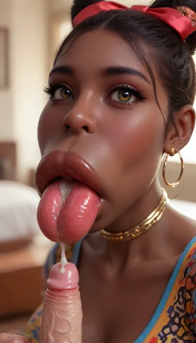 hdr, ultra high details, cutest black bimbo, ultra cute black bimbo, black skin, ebony skin, (mature adult face:1), african ebony, (gigantic african lips:1.8), (big mouth), high tight hair bun, hair ribbons, big ebony choker, ultra black eyeliner, ultra black eyeshadow, full long eyelashes, intense glossy red lipstick, intense red lipgloss, 18, shiny dirndl, fully clothed, living room, man, (small white cock:1.6), (oral creampie:1.8), side view from above, lower angle, looking at viewer, supermodel, face, big, lips, but, detailxl, green, eyes, blue, brown, perfecteyes, <lora:Beautify-Supermodel-SDXL:1.9>, <lora:BUT_SDXL_SHS:1.7>, <lora:PerfectEyesXL:1.9>