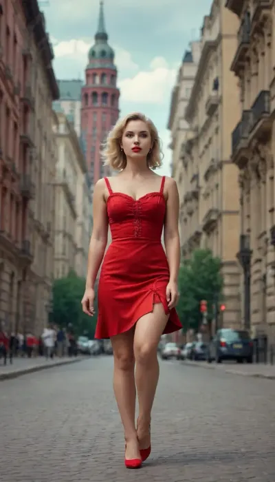 hot naughty blonde in red short summer dress walking down the street, Stalin empire style buildings in background