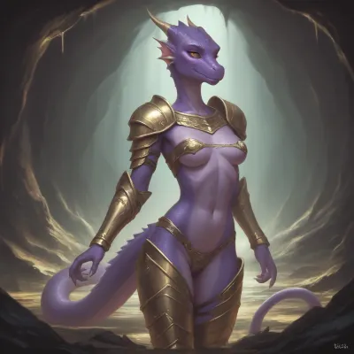 Scalie, dragoness, purple body, curvy, skinny, Armour, skimpy, cave