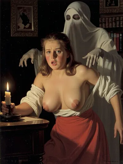 Classic oil painting style, Norman Percevel Rockwell, Rembrandt, A girl in a dark room, holding a candle, scared, dynamic pose, a ghost, a specter, big tits, The zombie of a woman behind my back