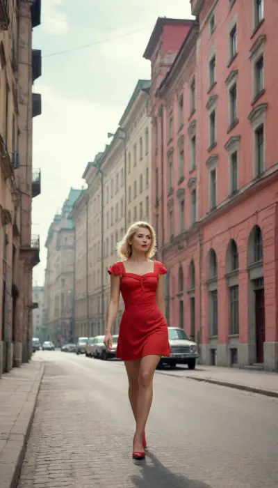 (detailed drawing with clean lines and meticulous shading, flat colors, line art, no gradients), hot naughty blonde in red short summer dress walking down the street, Stalin empire style buildings in background, the soviet era, USSR epoch