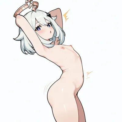 derpixon style, simple cartoon porn, bold black outlines, vibrant flat colors, without shading, clean lines, white background, single character, Paimon from Genshin Impact, small petite fairy body, completely naked, posing sexually, arching back, light blue eyes, expression of pleasure, short messy white hair with soft bangs, thick thighs, soft skin, small flat chest, high quality, 2D, flat color, minimal detail, cute.