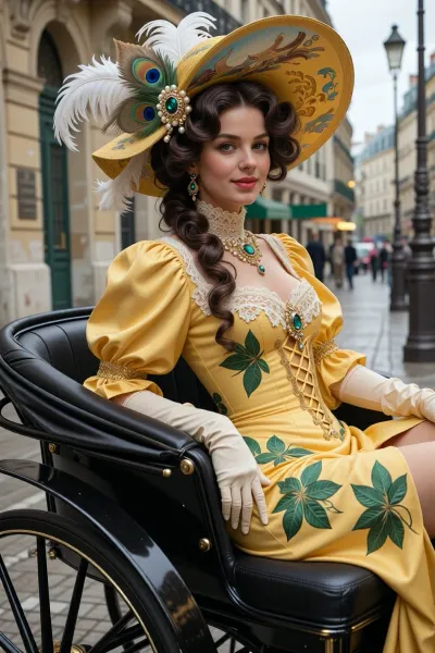 A young woman from the late Belle Époque of the 1910s sits in a black, open horse-drawn carriage on a Parisian street. She is turned slightly over her right shoulder, looking directly at the viewer, and smiling softly. She has dark brown wavy hair, the large curls of which are styled in a voluminous updo that falls over one shoulder. On her head is a large, wide-brimmed yellow hat adorned with white and green ostrich feathers, large gems, (emeralds and sapphires), pearls, lace, and gold trim. She wears a yellow silk gown with open shoulders, puffed sleeves, a finely woven corset at the back, and large green leaf appliqués on the fabric. She wears long, cream-colored, elbow-length gloves. Her left hand rests calmly on the black leather seat of the carriage. The carriage is a classic black, open, four-wheeled horse-drawn carriage of the Victorian or Landau type, with the top completely lowered. Black leather upholstery, high-axle wheels with metal rims, decorative brass and black metal elements, and a low side visible behind part of the seat. A woman sits in the back seat, the body slightly turned.
The background shows a wet, shiny cobblestoned Parisian street after rain, with the Eiffel Tower in the center left, other horse-drawn carriages and passersby in 1910s clothing, the facades of Haussmannian buildings, and a cloudy sky with soft, diffused light.
The style is classic oil painting, characterized by thick brushstrokes, rich paint textures, soft, figurative light, realistic details of fabrics, feathers, carriage leather, and wet asphalt, a late Belle Époque atmosphere, high detail, and museum quality.