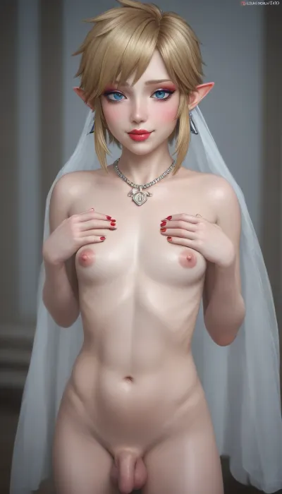 4k, hd, link from zelda man big lips red lips eyeliner blush, wedding, smile pouting kiss lips face, photo realism, happy sexy face, short hair, femboy with breast, makeup, nude, big long erect massive puffy nipples, big massive long fat woman milf saggy torpedo enhanced tits boobs, trap, whore, shy smile, navel, jewelry, necklace, earrings, 3d, red nails, red lips, stud earrings