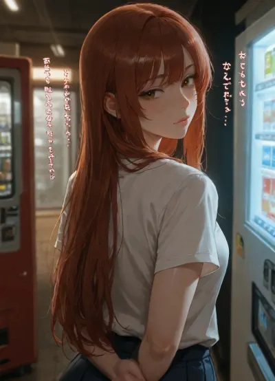 realistic candid night portrait of a young woman with same hair, wearing a white short-sleeved top. She stands with her body angled slightly to the side, turning her head to look softly and melancholically at the camera. The background features a blurred vending machine with Japanese text illuminated by cool light on the left, contrasted by warm, hazy street lighting on the right. The image mimics a 35mm film snapshot with heavy grain, soft focus, low contrast, and natural skin imperfections, capturing a raw, lo-fi aesthetic. Exact pose and camera angle