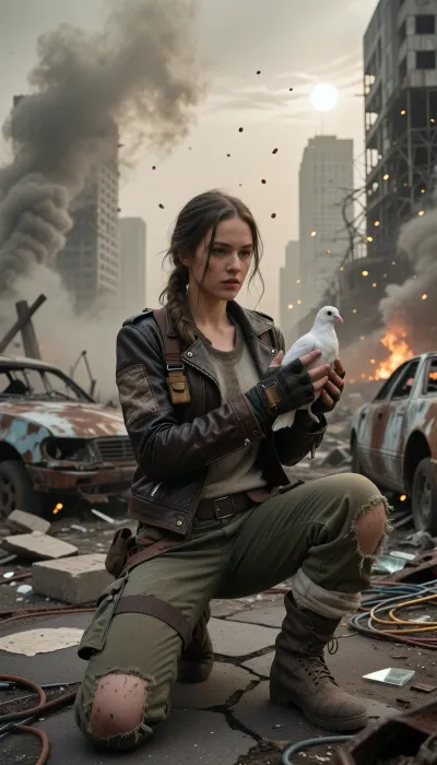 Hyper-realistic wide-angle cinematic portrait shot on heavy 35mm film grain, set within a vast, hostile post-apocalyptic urban wasteland under a crushing, toxic ashen sky. Masterpiece composition with flawless technical precision. The atmosphere is heavy with dense smog, chemical dust, and distant smoke plumes, with glowing dust motes floating through the space, illuminated by a pale, veiled sun and the flickering light of faraway fires. A young woman in her early twenties, surviving in this harsh wasteland, is kneeling upon cracked, buckled asphalt heavily eroded and littered with rusted, gutted car frames, burnt-out vehicle chassis, collapsed concrete slabs with exposed twisted rebar, scattered broken glass, and tangled copper wiring. Her entire focus is on her hands, central to the composition and locked in razor-sharp focus. She wears distressed, fingerless tactical gloves made of dark, worn leather with reinforced knuckles, revealing only her soot-caked, calloused fingertips. Her gloved hands gently cup a stark white domestic dove. Her survivor attire features a functional, scavenged Mad Max and Fallout aesthetic, a worn dark brown leather biker jacket heavily patched with coarse canvas and tarnished brass rivets, over a faded thermal knit shirt and a rugged utility harness fitted with small pouches. She wears heavily faded olive-drab canvas cargo trousers, shredded at the knees and stained with old oil and dried mud, tucked into heavy scuffed combat boots wrapped in cloth bindings. Her dirty auburn hair is loosely woven into a messy braid with stray strands framing a remarkably expressive face streaked with soot, dust, and sweat. Her expression is a quiet mixture of reverence, exhaustion, and hope. The background features towering concrete skyscrapers standing as hollowed-out skeletal husks with shattered windows and twisted metal frameworks. The scene is bathed in dramatic, ominous light filtering through heavy haze, casting harsh shadows across the woman's face, her rugged clothes, and her gloved hands with the perfectly rendered dove. Shot with a prime lens at f/2.8, creating a volumetric depth of field where the crumbling cityscape melts into soft background bokeh while keeping the woman, her gloved hands, and the fluttering dove in razor-sharp, flawless detail.