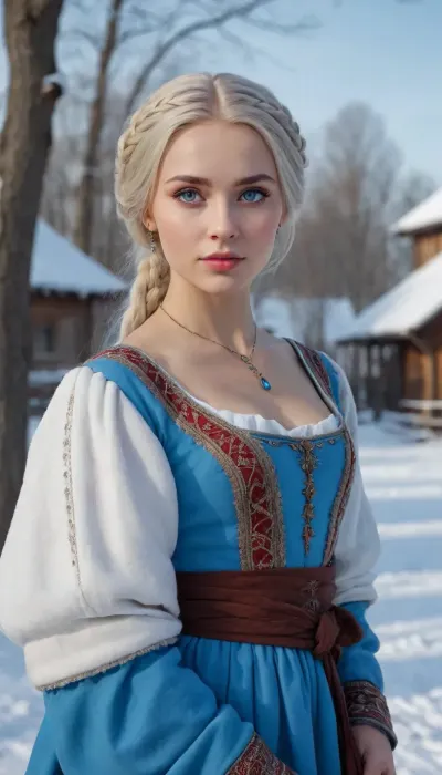 (detailed drawing with clean lines and meticulous shading, flat colors, line art, no gradients), young slavic beauty, bright blue eyes, ash-coloured hair, gorgeous figure, 16th century Russian dress, (full-bofy view), (fantasy art, artwork), in winter, medieval russian village