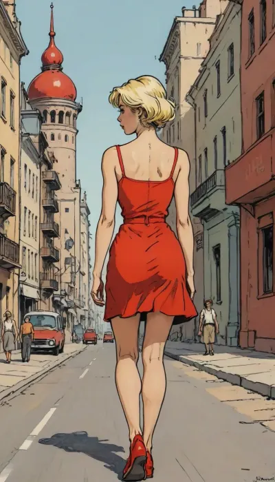 (detailed drawing with clean lines and meticulous shading, flat colors, line art, no gradients), hot naughty blonde in red short summer dress walking down the street, Stalin empire style buildings in background, the soviet era, USSR epoch, <lora:Moebius (Jean Giraud) Style:1.5>, <lora:outline_xl_kohaku_delta_spv5x:2>, <lora:lineartSDXL:.5>, <lora:sketch_it:2>