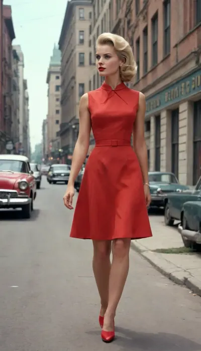 (detailed drawing with clean lines and meticulous shading, flat colors, line art, no gradients, line drawing, clearly drawn contours, contour lines, non-gradient base flat colors, limited eight colors palette), hot naughty blonde right from 1960s in red short summer dress walking down the street, Stalin empire style buildings in background, the soviet era, USSR epoch, 1960s entourage