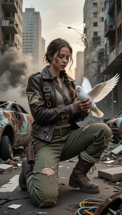 Photorealistic cinematic wide-angle portrait shot on heavy 35mm film grain, set within the interior of a vast post-apocalyptic city. A young woman in her early twenties, surviving in a harsh wasteland, is kneeling on both knees directly upon the shattered asphalt of a ruined thoroughfare. Her expression is a quiet mixture of reverence, exhaustion, and hope as her calloused, dust-caked hands gently cup a stark white domestic dove. The dove's feathers are immaculate in contrast to her grime-streaked skin, its wings half-spread and tensing as it prepares to break free and take immediate flight. The woman's survivor attire reflects a functional, scavenged Mad Max and Fallout aesthetic, a worn, weathered dark brown leather biker jacket heavily patched with hand-stitched coarse canvas and reinforced with tarnished brass rivets, thrown over a faded, frayed thermal knit shirt and a rugged utility harness fitted with tarnished carabiners and small leather pouches. She wears heavily faded olive-drab canvas cargo trousers, shredded at the knees and stained with old oil and dried mud, tucked into heavy, scuffed leather combat boots with thick, treaded rubber soles wrapped in protective cloth bindings. Her dirty auburn hair is loosely woven into a messy, unraveling braid with stray strands framing a face streaked with soot and dry dust. The environment is an absolute urban wasteland, towering concrete skyscrapers stand as hollowed-out skeletal husks with shattered windows and twisted rebar projecting from crumbling facades. In the foreground and mid-ground, the cracked, buckled street is littered with rusted, gutted car frames, burnt-out vehicle chassis covered in flaking rust, collapsed concrete slabs, scattered broken glass, and tangled copper wiring. A hazy, smoke-filled atmosphere grips the air, with tiny dust motes floating through the space. The visual scene is bathed in the dramatic, low-angle light of a golden hour sunset filtering through dense industrial smog and distant smoke plumes, casting long shadows and warm directional amber highlights across the woman's face, the intricate weave of her rugged clothes, and the soft down feathers of the bird. Shot with a prime lens at f/2.8, creating a rich volumetric depth of field where the crumbling cityscape melts into soft, realistic background bokeh while keeping the woman and the fluttering dove in razor-sharp focus.