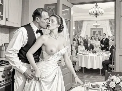 This is is a detailed monochromatic pencil drawing in a classical illustrative style depicts a scene set in USSR, in 1950s, a striking busty slutty bride in a white dress, hugs and passionately kisses an waiter in the restaurant kitchen who roughly and imperiously paws her tits, ((marginal waiter 50 yo roughly pawing her exposed tits with his fingers)), the restaurant hall is visible through the open kitchen door, on a festive table during the wedding banquet, family and parents are watching in their best clothes, a large banquet hall, They celebrate the wedding without noticing the bride, The overall mood is intense, rendered in fine, expressive line work and subtle shading, evoking the style of 1950s satirical or moralistic illustrations.
