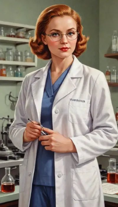 (A detailed drawing with clean lines and meticulous shading, flat colors, line art, no gradients), USSR poster, USSR postcard, USSR epoch, pin-up style, photorealistic, glossy poster, postcard, 4k, high quality, soviet poster art, 30yo scientist, full nude, ultra skinny, no breasts, ginger bobcut, (square glasses), white open lab coat, in chemistry laboratory, <lora:Soviet-poster:.8>