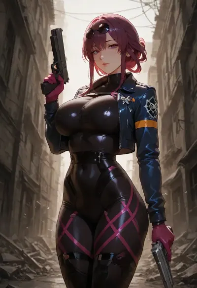 kafka, tight black leggins, short police jacket, bare stomach, anime style, detailed shading, in The abandoned city, holding a pistol