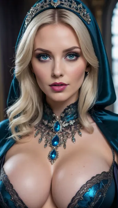 Wizzard School, Close up of the Ice Palace Queen, Explicit, (photorealistic:.9), blonde woman, (massive tits:1.5), 50 years old. In a fantasy ice palace.

Dark teal regal costume, drk teal wizard hat, Ornate silver filigree hooded cloak worn low and open, heavy and oppressive, sheer lace and translucent fabrics stretched taut over the silhouette beneath, clinging with visible tension, revealing, Intricate baroque, gothic, and occult-inspired lace patterns wrap the body like symbols of control, metallic embroidery glowing in cold silver, sapphire, and blackened chrome tones. Corseted gown cinched brutally at the waist, sculpting hips and chest, plunging neckline, pointed nipples exposed, extreme thigh-high slit, layers of silk, high-gloss satin, latex-like fabric, lace, and chiffon flowing like dark liquid, every surface wet and reflective.

piercing blue-grey gaze filled with cruelty and command. Smoky eye makeup in obsidian, gunmetal, and bruised amethyst, long lashes casting harsh shadows. Lips glossy deep blood-wine crimson, Porcelain skin beneath the chrome sheen appears flawless, godlike, and lethal. Metallic choker necklace with large blue sapphires, ornate sapphire earrings. Cold smirking expression.

Hands adorned with ornate silver rings posed with deliberate restraint and threat, elegant fingers radiating dominance. Lighting is harsh, sculptural, and high-contrast, carving the body in shadow and chrome highlights, amplifying wet shine, fabric tension, and metallic glare. Background is a dark, oppressive fantasy ice palace with swirling black mist and venomous jewel-toned light, (violet, dark teal, midnight blue), atmosphere heavy and punishing. Gothic glamour, forbidden divinity, aristocratic, elegant, ultra-detailed, photorealistic, cinematic composition, ((close up portrait:1.4)), professional studio quality, large, big, boobs, tits, <lora:bombshell_v2:.8>, <lora:Portrait_perfection:.8>, bright, blue, eyes, <lora:bright_blue_eyes:.8>