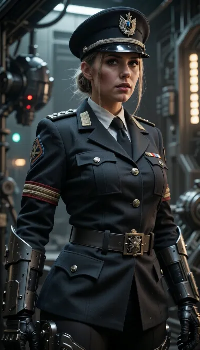 Female Commissar from Warhammer 40, 000, wearing a dark military uniform with imperial insignia, stern and commanding expression, futuristic dystopian war environment, detailed armor, dramatic lighting, gritty and realistic style