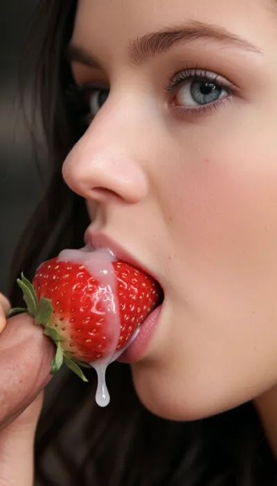 A mid close-up Photograph of a 25yo beautiful girl with Grey eyes. She eats a strawberry, ((strawberry is topping with sperm:1.1)), sperm dripping, Side View., ((A cock ejaculating of the strawberry)), . A sperm dripping cock is visible.