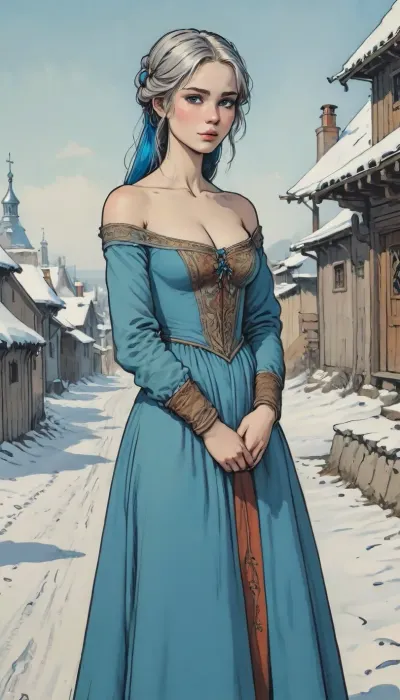 (detailed drawing with clean lines and meticulous shading, flat colors, line art, no gradients), young slavic beauty, bright blue eyes, ash-coloured hair, gorgeous figure, 16th century Russian dress, (full-bofy view), (fantasy art, artwork), in winter, medieval russian village, <lora:Moebius (Jean Giraud) Style:.9>, <lora:outline_xl_kohaku_delta_spv5x:1.4>, <lora:lineartSDXL:.5>, <lora:sketch_it:1.4>
