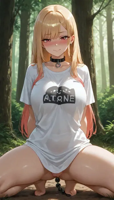 marin kitagawa, alone in forest, t-shirt over naked body, embarassed face, strong blush, anime style, detailed shading, anal beads, big metal collar, kneeling, spreading legs