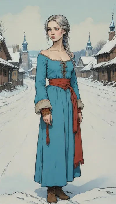 (detailed drawing with clean lines and meticulous shading, flat colors, line art, no gradients), young slavic beauty, bright blue eyes, ash-coloured hair, gorgeous figure, 16th century Russian dress, (full-bofy view), (fantasy art, artwork), in winter, medieval russian village, <lora:Moebius (Jean Giraud) Style:.9>, <lora:outline_xl_kohaku_delta_spv5x:1.4>, <lora:lineartSDXL:.5>, <lora:sketch_it:1.4>