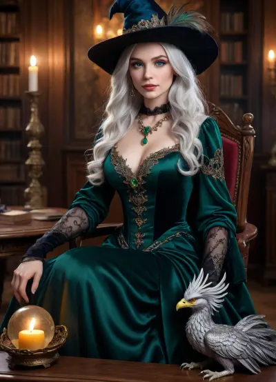 Wizard School, A beautiful young witch with long, thick, wavy silver hair, pale skin, expressive eyes, and full lips sits in a luxurious armchair upholstered in dark green velvet. She is wearing a large black pointed witch’s hat with a wide brim. She is dressed in a shimmering emerald-green satin dress with bare shoulders, long sleeves, intricate silver filigree embroidery on the chest and cuffs, and an exquisite silver necklace. Next to her, perched on the armrest of the chair, sits her familiar—a large phoenix with bright yellow eyes, detailed brown, black, and white plumage, and sharp talons. Near her, on a round wooden table, stands a magical crystal ball on a stand. The background is an elegant study with tall bookshelves filled with books in multicolored bindings, warm, dramatic lighting, a swirling mystical mist in the air, glowing particles floating in the crystal ball, and cinematic, three-dimensional lighting with rays of light. A masterpiece, top quality, ultra-detailed, realistic textures of satin, velvet, feathers, and wood, fantasy art, mystical atmosphere, Soft bokeh, *The Beautiful Witch and Her Familiar*., <lora:Portrait_perfection:.8>, bright, blue, eyes, <lora:bright_blue_eyes:.8>